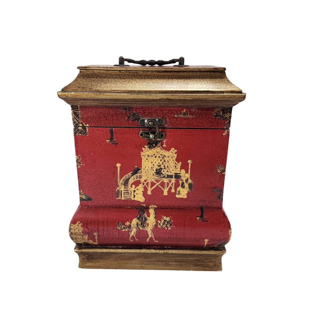 Vintage Y2K Chinoiserie Decorative Box Red Gold Wood Tea Caddy Chest Pagoda 12"